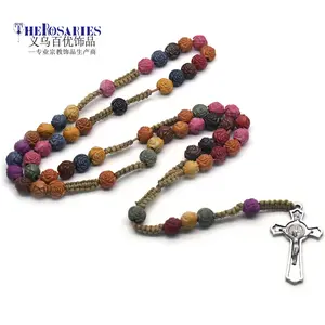 Chapelet en perles de résine rose, collier avec croix, bijou religieux