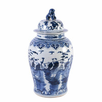 Vas Keramik Antik Cina Bergaya Art Deco dengan Gagang Singa Biru Putih yang Dilukis Tangan, Dilengkapi Tutup untuk Dekorasi Rumah dan Ornamen Tembikar