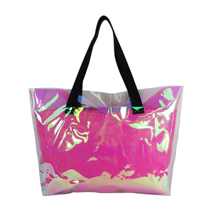 Sac fourre-tout de shopping en toile 2-en-1 avec fermeture éclair, longue poignée, motif lettres holographiques, plage, iridescence, PVC transparent, luxe personnalisé - Product Image 3