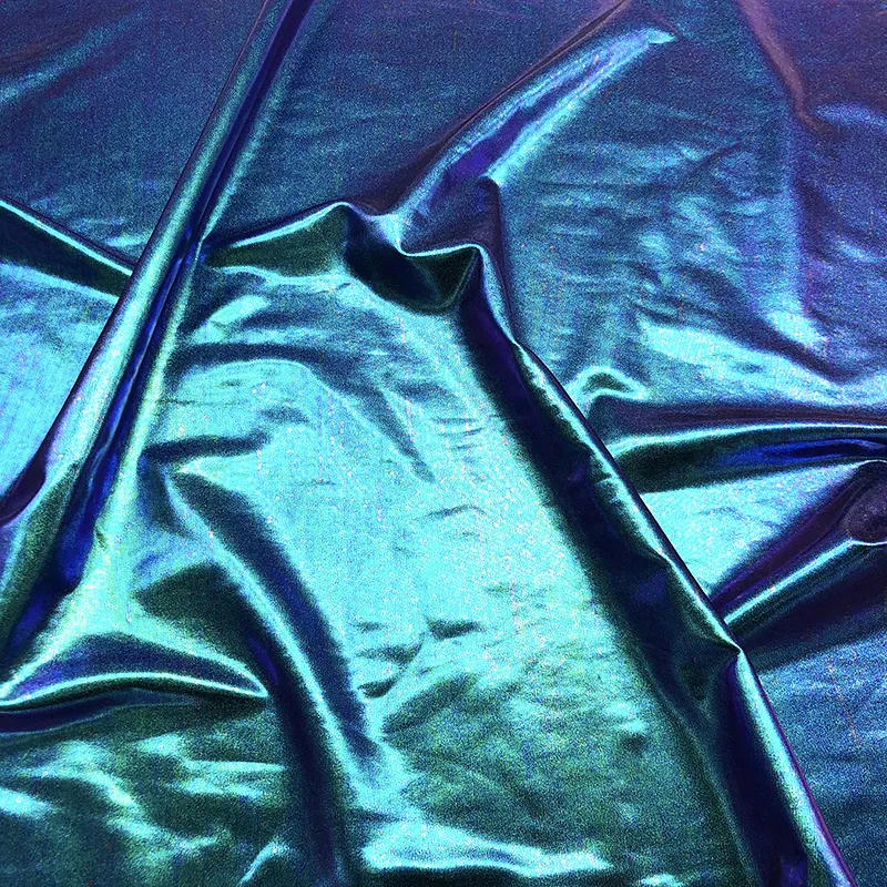 Kain Foil Warna-warni untuk Kostum Baju Renang Hologram Foil Dicetak Warna Ungu Biru Hijau Kain Kain Melar Spandeks untuk Pakaian Renang