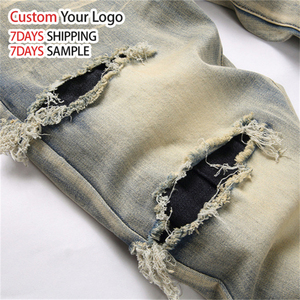 Jeans de Mezclilla Elásticos de Alta Calidad, Ajustados, Estilo Vintage Azul, Personalizados, Rectos, Desgastados, Ajustados para Hombre - Product Image 4