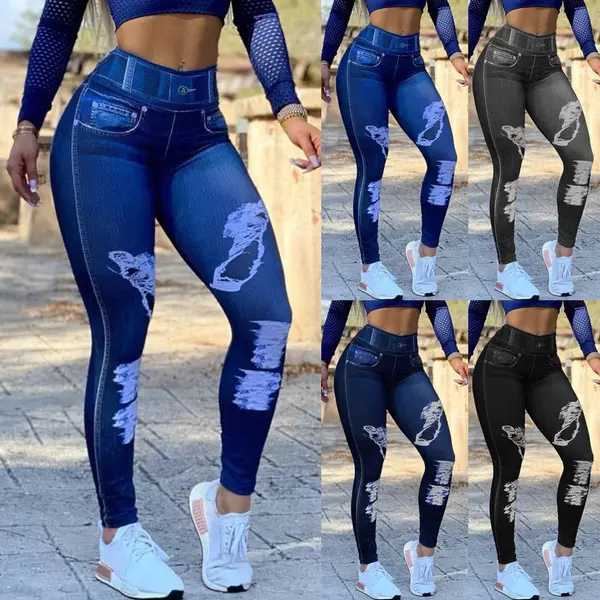 Moda artı boyutu dijital baskı sahte Denim kot streç sıkıntılı Legging renkli sıska Jogger kot kadın