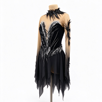 Robe de patinage artistique pour enfants et adultes, col en plumes, manches longues en maille, dos orné de strass, pour compétition et spectacle de patinage sur glace