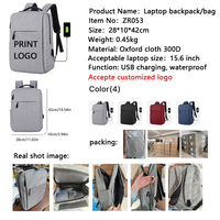 ZR053 Sac à Dos Ordinateur Portable de Voyage d'Affaires Oxford Étanche 15 Pouces avec USB, Sac à Dos Étudiant Portable Durable pour Homme, Sac Décontracté