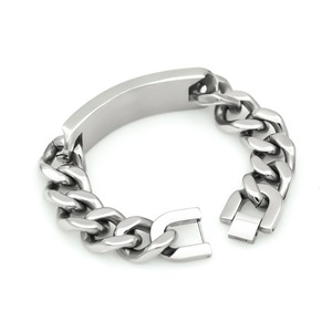 Bracelet en acier inoxydable argenté de 18 mm de large, chaîne <span class=keywords><strong>gourmette</strong></span> avec barre incurvée, gravable, pour homme, style hip-hop, cadeau bijou - Product Image 4