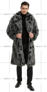 <b>Men's</b> Fashion Long Sleeve <b>Knee</b>-<b>Length</b> Outerwear Fox and Mink Faux Fur <b>Overcoat</b> with Lapel Collar Pockets Trench Style - Product Image 6
