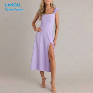 Wholesale Women's Lavender Square Neck Slim Fit Midi <b>Dress</b> Ruched Cap Sleeves Side Slit Smocked Casual <b>Dresses</b> - Product Image 3