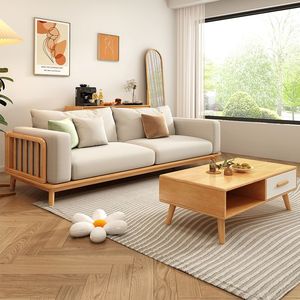 Conjunto de Sofás Modernos Minimalistas em Madeira Sólida e Tecido Estilo Wabi-sabi Creme 1+2+3 para Apartamento Pequeno - Product Image 4