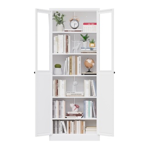 White Cold Rolled Steel <b>Kitchen</b> Pantry Cabinet, Glass & Solid 4 Doors <b>Storage</b> <b>Cupboard</b> with Adjustable Shelves for Dining Room - Product Image 6