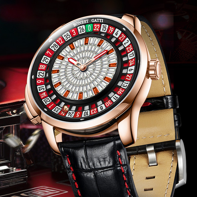 Bonest Gatti Men's Automatic Mechanical Watch Roulette Wheel Design Casino Fun Game Sapphire Mirror Leather Tourbillon BG8004