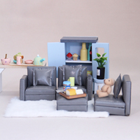 Ensemble de canapé miniature en cuir pour maison de poupée, fauteuil marron, ottoman, tapis géométrique, étagère, table basse, décoration, ornement, cadeau
