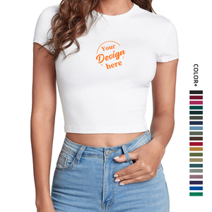 T-<span class=keywords><strong>shirt</strong></span> court décontracté pour <span class=keywords><strong>femme</strong></span>, col rond, manches courtes, coupe ajustée, 95% coton, 5% élasthanne - Product Image 1