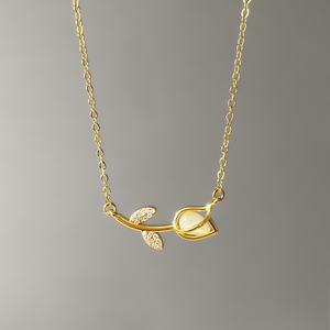 Gold Plated Tulip Flower Pendant <b>Necklace</b> Unique Design With <b>Cat</b> Eye Stone CZ Leaf Dainty Floral Chain <b>Necklace</b> for Women - Product Image 5