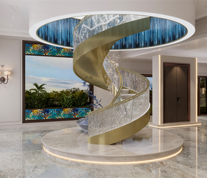 Escalier flottant incurvé extérieur <span class=keywords><strong>de</strong></span> conception moderne et luxueuse pour <span class=keywords><strong>villa</strong></span>, avec garde-corps en verre sans cadre, marches en bois massif et structure en acier - Product Image 3