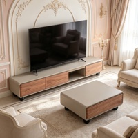 Ensemble meuble TV et table basse rétro en bois grainé avec tiroirs de rangement et compartiment ouvert, meuble TV de salon, mobilier de maison, vente en gros