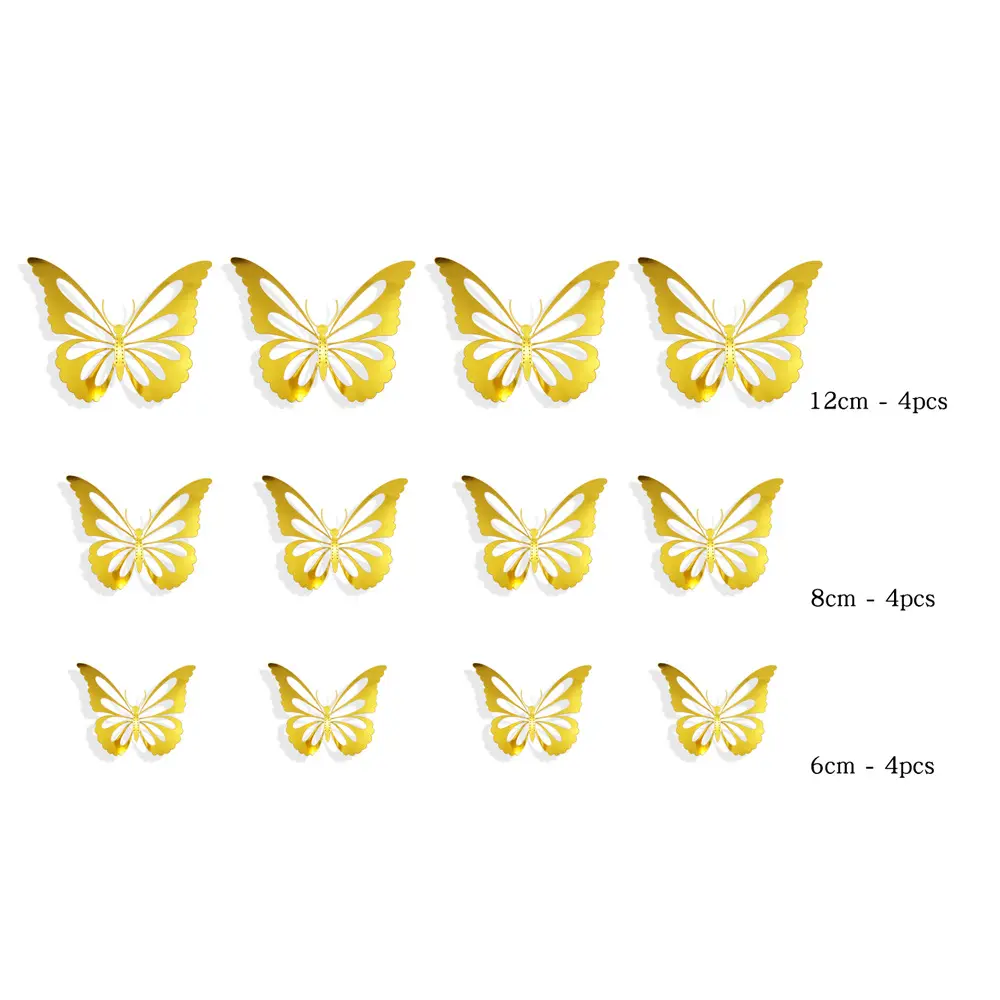 Amazon Hot Selling 12pcs 3D Metal Texture Hollow Butterfly Wall Sticker Wedding Birthday Party Decorations