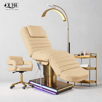 Nouveautés : Table de soin esthétique électrique en acier inoxydable avec base LED et revêtement en cuir PU, réglable en hauteur, pour spa facial