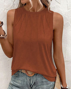 Top décontracté pour femme, couleur unie, basique, tendance et confortable, été 2025, <span class=keywords><strong>vintage</strong></span>, sans manches, col rond, plissé devant - Product Image 2