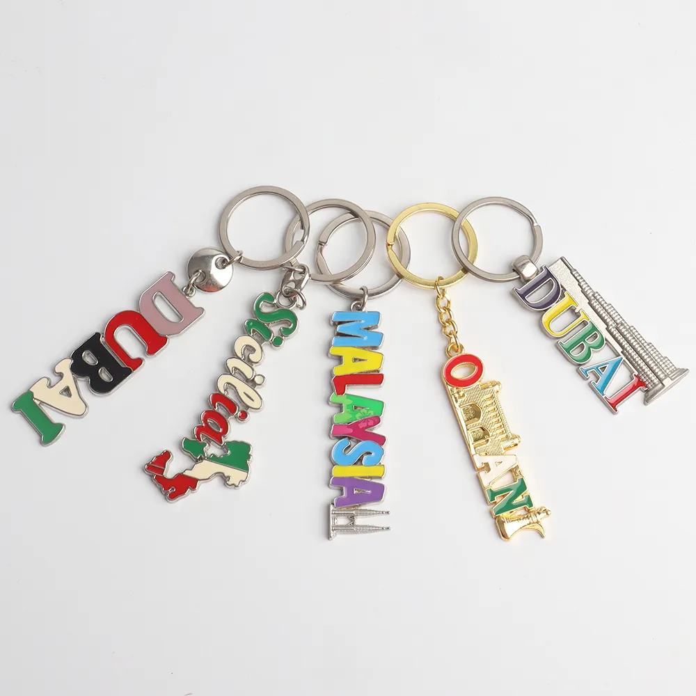 Free Design Custom Letters Metal Tourist Souvenir Keychain Customized Tourist Attractions Key Ring Paris Dubai Key Holder