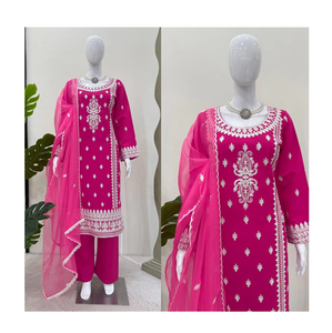 Salwar Kameez pour femmes en soie semi-chinon lourdement brodé, élégant, indien pakistanais, pour mariage, vêtement à séchage rapide, doublure en soie romaine - Product Image 1