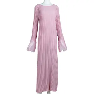 Recién llegado, Vestido largo de encaje plisado simple ajustado, Túnica de mujer musulmana de Malasia de Oriente Medio, vestido largo daster abaya