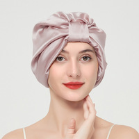 Turban Tidur Wanita Bahan Sutra Buatan Lapis Ganda Elastis Lebar, Penutup Rambut Satin untuk Tidur, Topi Sutra Kasual