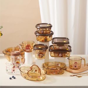 Ensemble de bols et assiettes en verre Cirami, ovales, compatibles micro-ondes, avec couvercles, design cartoon, pour le stockage des aliments, pique-nique, cadeau pour adultes - Product Image 1