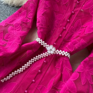 Robe longue vintage française à col rond, boutonnée, manches lanternes, taille nouée et broderies - Product Image 6
