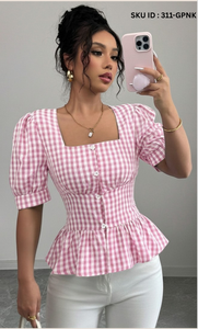 Blusa Ligera y Fluida de Manga Corta con Cuello Asimétrico y Estampado a Cuadros para Mujer, en Tela de Polialgodón, para Uso Casual en Todas las Temporadas - Product Image 3