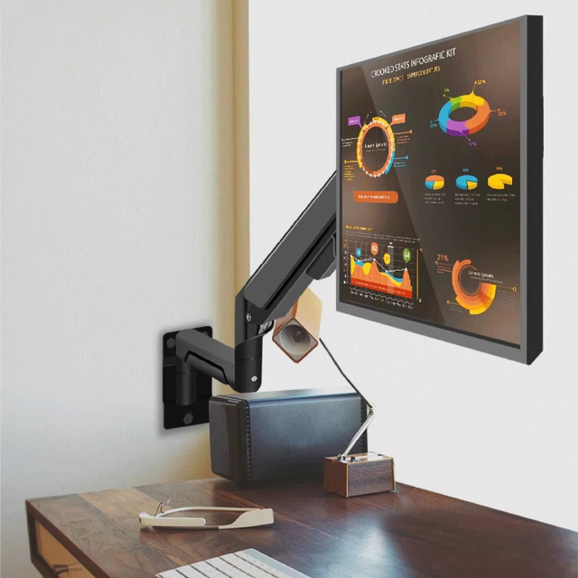 W3B VESA 75*75mm Black Single LCD Gas Arm Wall Mount Gaming Working Laptop Monitor Arm Stand Bracket for 10-36 Screen