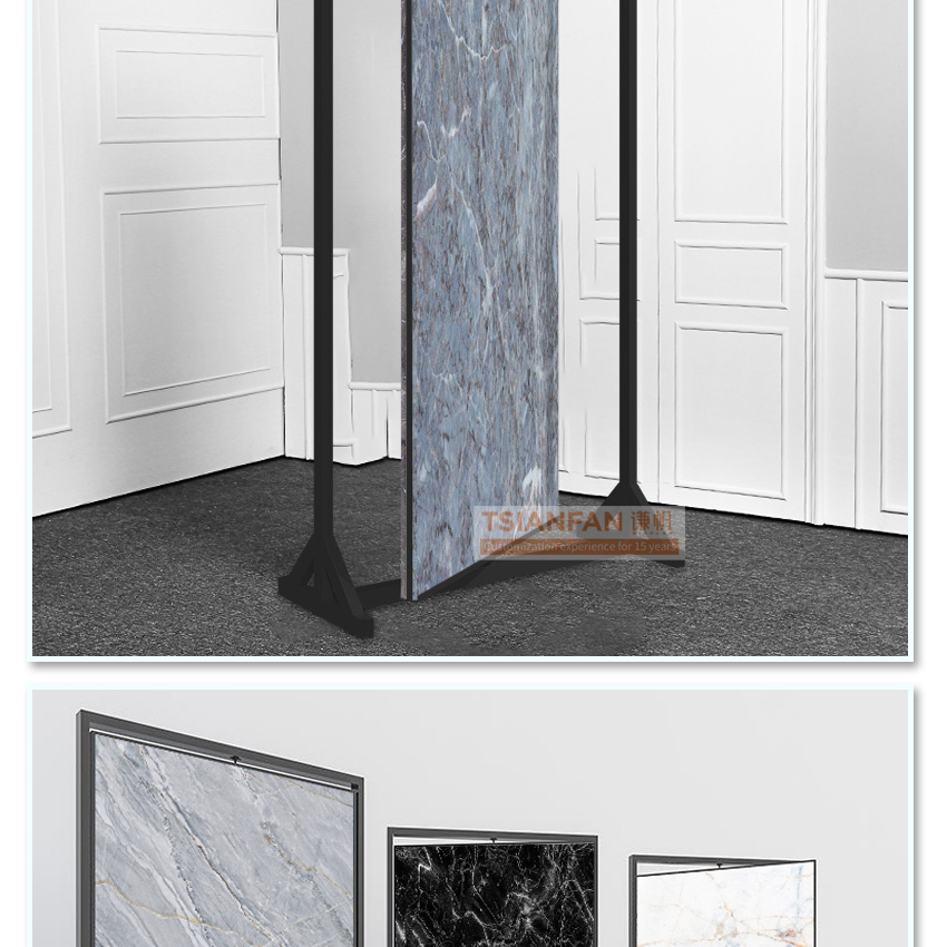 Large floor stand granite shelf marble sample slab rotating quartz panel tile stand for showroom stone display rack