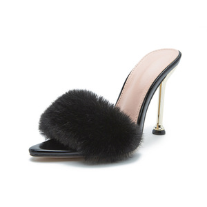 Tendenza moda nuovo vero coniglio capelli ferro tacco a punta Super tacco alto scarpe sandali da donna per le signore - Product Image 4