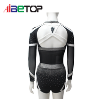 Uniforme de cheerleading de luxe noir et argenté avec strass |   Tenue de performance avec panneau en maille transparente et dos croisé