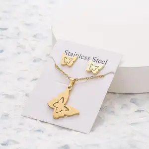 Hoge Kwaliteit Roestvrij Staal Sieraden Ketting Vrouwen Hanger Ketting Oorbel Set 18K Gouden Ketting Hanger En Studs Oorbellen