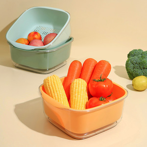 Double Layer Plastic Vegetable Fruit Drainer Storage Basin With Lid For Kitchen Use - Product Image 1