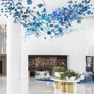 Современный гостиничный проект Подвесная лампа под заказ декоративный высокий потолок роскошная люстра из синего стекла