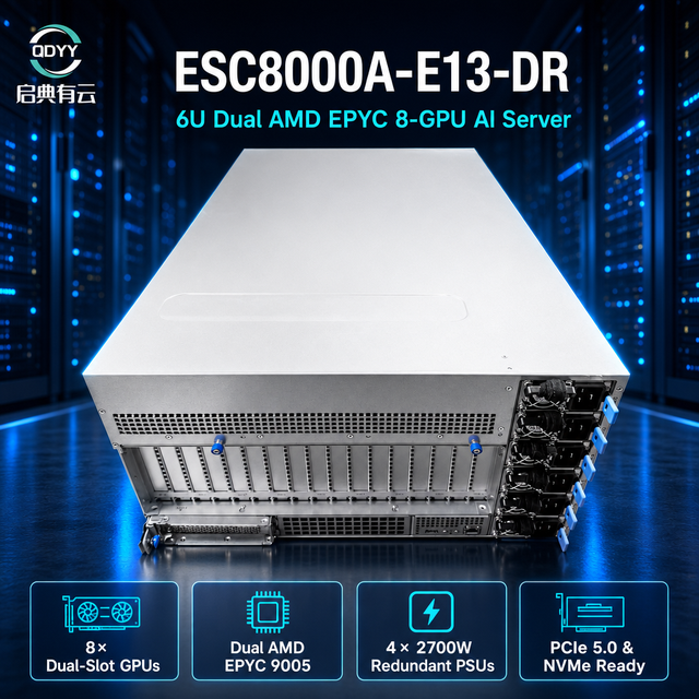 ESC8000A-E13-DR (4*2700W) 6U Server Supports Dual AMD 9005 / 9004 Processors, 24 RDIMM Slots, 8 X 2.5 Inch NVME, Eight 600W GPUs