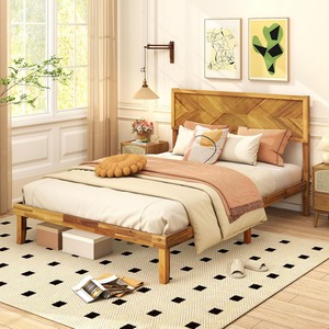Cadre de lit plateforme en <span class=keywords><strong>bois</strong></span> de style mid-century, taille Queen, avec tête de lit, support à lattes, rangement sous le lit - Product Image 1