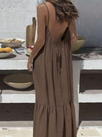 Robe longue maxi marron dos nu pour femme grande taille, à fines bretelles et nouable à l'arrière, style bohème ample pour la plage et les vacances, vente en gros et sur mesure