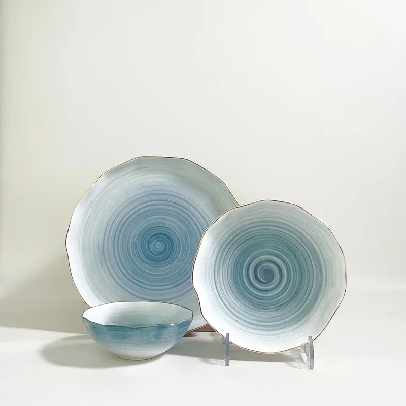 Conjunto de aparelho de jantar de porcelana, conjunto de 12 peças azuis pintados à mão com prato