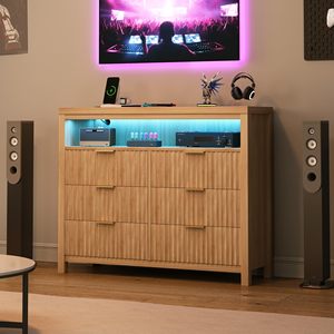 Amanecer acanalado 6 cajones tocador luces LED moderno minimalista Boho estación de carga pecho sala de estar dormitorio toma de corriente - Product Image 3