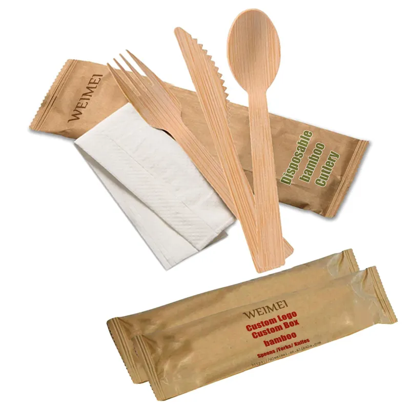 Wholesale Biodegradable Heat Resistant Fork Spoon Knife Set With Paper Napkin Bamboo Wooded Disposable Cutlery