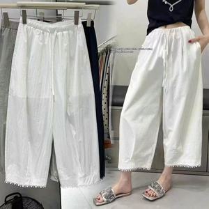 Women's XL Size Summer Casual Trousers Loose-Legged <strong>Harem</strong> <strong>Pants</strong> Elastic Mid Lace Solid Color Wide-Leg Fit for Wrinkled Girls - Product Image 2