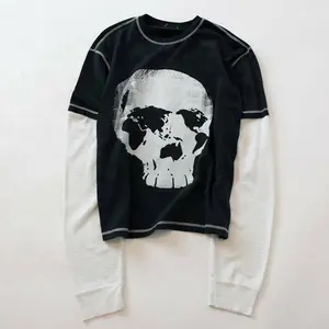 Custom Hip Hop Double Layer Long Sleeve Cotton T-shirt Skull Graphic Printed Men's Long sleeve Oversized T-shirts