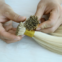 Ekstensi rambut manusia Rusia Remy ujung I mikro terikat terlebih dahulu stik Keratin Italia ditarik ganda pirang Platinum mewah