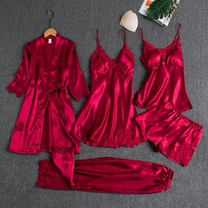 Conjunto de Cinco Piezas de Satén para Mujer, Sexy y Sensual, Camisón de Manga Larga para Adultos, Transpirable, con Frente Sólido, para Primavera y Otoño - Product Image 1