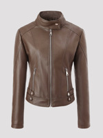 Veste en similicuir PU de luxe discret pour femme, coupe ajustée, col montant, style motard, automne-hiver, haute qualité, 2026