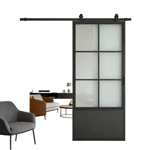 Industrial Style Black Metal Barn Door With Frosted Glass Panels For Interior Home Office Use - Product Image 1