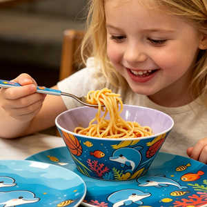 Bol en mélamine coloré sur le thème marin de 6 pouces avec motif de dauphin et de poisson, bol pour enfants pour pâtes, salades, fruits - Product Image 1