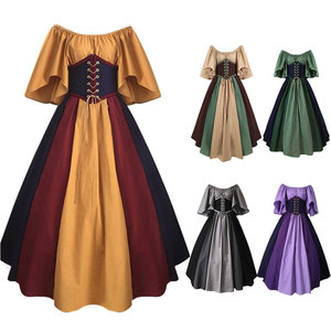 Robe de soirée médiévale européenne à épaules dénudées, patchwork coloré, manches volantées, coupe trapèze, jupe longue - Product Image 1